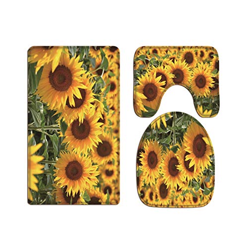A.Monamour Juego de 3 Alfombrillas de Baño Verano Girasol Campo Naturaleza Paisaje Franela Absorbente Antideslizantes Alfombra de Baño Tapete