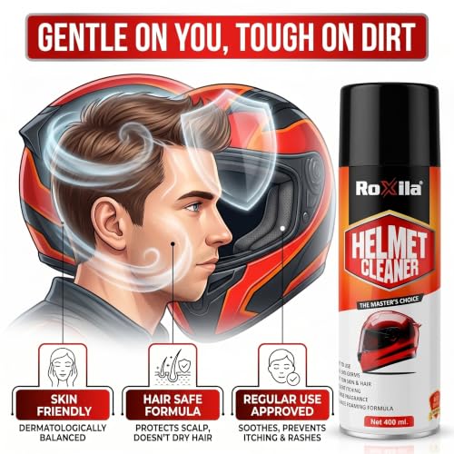 Image of Roxila Quick-Dry Helmet Cleaner Spray, 400 ml, Anti-Bacterial Foaming Formula | Deep Cleaning & Odor Removal | Safe for Skin & Hair | Prolongs Helmet Lifespan | Fresh Fragrance