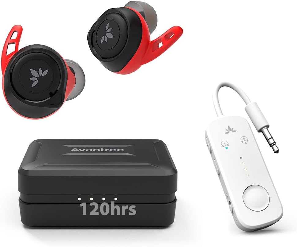 Avantree Relay & TW106 - Premium Airplane Bluetooth 5.3 Adapter, Supports 2 AirPods or Headphones and aptX Low Latency & Wireless Earbuds with Ear Fins for Running Sport Workout Exercise, Sweatproof