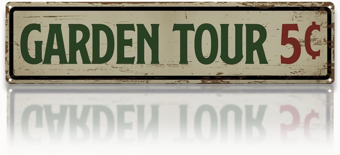 Letrero de metal de estaño para jardín, decoración vintage de casa de campo, cartel de 5 centavos de recorrido por el jardín, arte de pared de jardinería, para puerta de valla de patio, porche, decoración divertida para interiores y exteriores, 15,7 x 3,9 pulgadas