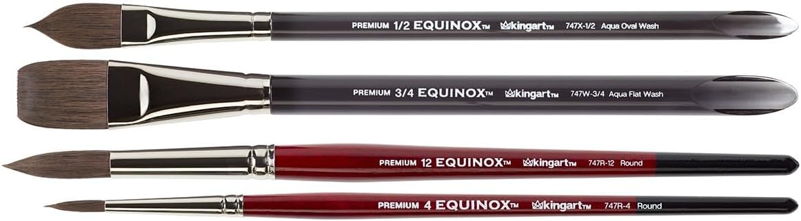 KINGART 1060C Premium 4 Pc. Equinox Watercolor Artist Brush Set, Soft Synthetic Kazan Squirrel, Short Handle Round and Wash Styles, Set of 4