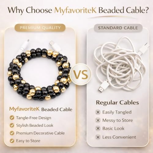 Image of Stylish Beaded Phone Charger Cable Colors USB Charging Cord for Smartphones (2-1 to USB C, Black & Gold, 6.6ft)