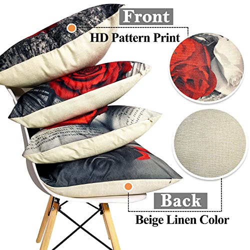 Okasion Set Of 4 18X18 Flower Throw Pillow Covers Red Rose Gray Black Decorative Pillow Covers Couch Bed Sofa Floral Square Pillow Cover Red Black Linen Farmhouse Pillow Case Spring Summer (Red Black) #TOP6