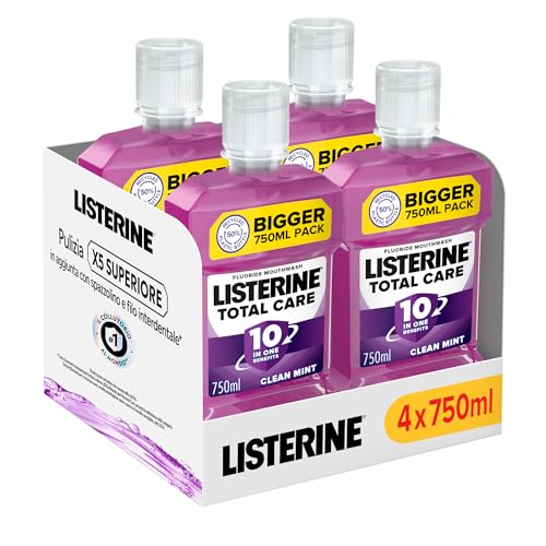 LISTERINE Total Care, Collutorio al gusto di Menta Pura, Collutorio con 10 benefici in 1 per una protezione completa e denti più forti, per un'igiene orale completa, 4x750 ml – Esclusiva Amazon