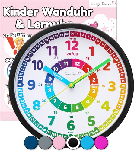 Honey's Heaven Wanduhr für Kinder - Lernuhr zum Lernen der Uhrzeit - analoge...