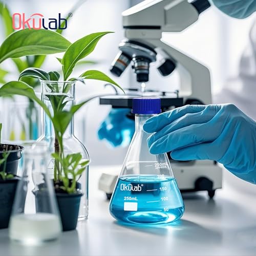 Okulab 4pcs Erlenmeyer Flask Set with Blue Cap, 500ml Lab Erlenmeyer Flasks Glass Erlenmeyer Flasks, Borosilicate 3.3 Glass Material with Printed Graduation, EFG45G500A4