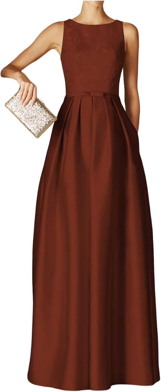 Satin Lace Evening Dresses for Women Crew Neck Elegant Long Prom Dress A Line Wedding Guest Dress with Pocket