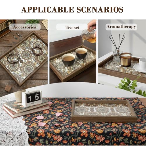 Image of HASTHIP 1-Pack Entry Wooden Organizer Tray Jewelry Storage Tray Retro Mandala PU Leather Liner Wooden Shallow Storage Tray for Keys Coins Jewelry and Daily Essentials, 30x20x2.5cm