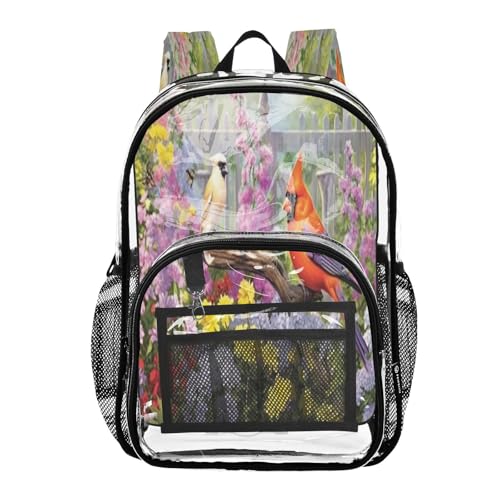 Colorful Bird Garden Clear Backpack - Stadium Approved Large 15.7-inch Waterproof Transparent Bag for Sports, Concerts, Work, Travel#150