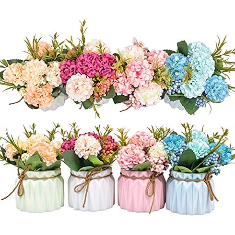 XONOR Artificial Flower Plants - Mini Fake Hydrangea Flowers in Pot for Home Decor Party Wedding Office Patio Table Desk Decoration (Set of 4) Cover