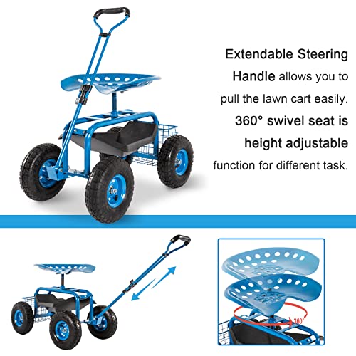 Fizzeey Gardening Workseat - Rolling Garden Cart Work Seat W/360 Degree Swivel Adjustable Seat, Storage Basket, Steering Handle, 4 Wheels, Garden Scooter For Planting #TOP4