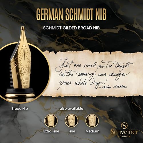 Image of Scriveiner Black Lacquer Fountain Pen Stunning Luxury Pen, Real Gold Plating, Schmidt Gilded Nib (Broad), Best Pen Gift Set for Men & Women, Professional, Executive, Office, Nice Pens