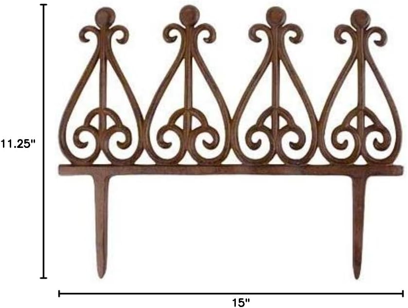 Esschert Design Rust Colored Finial Garden Edge, Set of 6 Cast Iron Fence Sections with Scrollwork, 15" W x 11.25" H, Durable Brown Garden Border Pieces for Landscaping and Lawn Edging