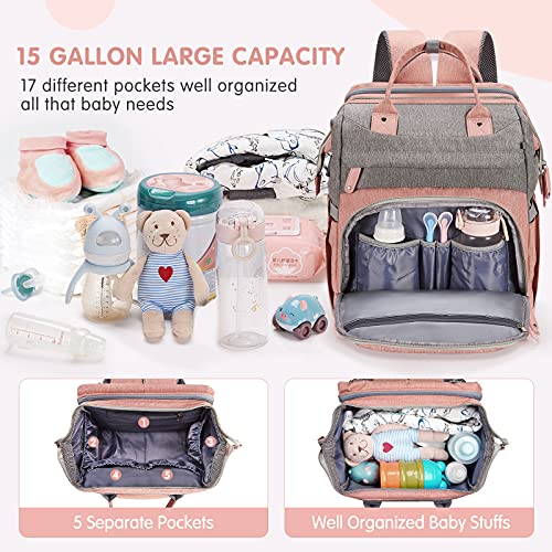 Image of DERJUNSTAR Diaper Bag Backpack - Large Capacity Baby Diaper Bag with Changing Pad for Dad and Mom, Waterproof Travel Backpack, Multi-Function Bag with USB Charging Port, Rose Pink