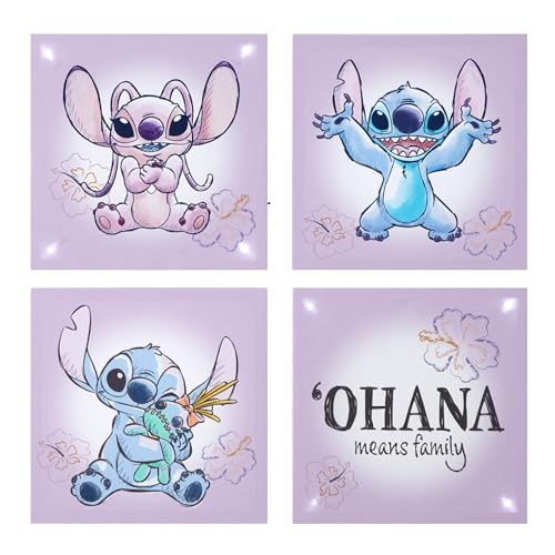 Disney Stitch 4-Pack Canvas LED Wall Art Set,Children’s Hanging Wall Décor for Bedroom & Playroom, Each Piece 11' x 11'