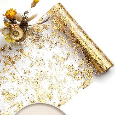 Qidordour Gold Table Runner, 28cmx5m Glitter Metallic Gold Thin Mesh Table Runner Roll Table Decor Easy to Cut Gold Party Decorations for Wedding, Bridal Shower, Baby Shower, Birthday Party, Banquet Cover