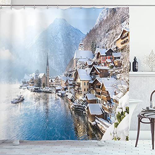 ABAKUHAUS Alpen Duschvorhang, Berg Stadt Winter-Szene, Stoffliches Gewebe Badezimmerdekorationsset mit Haken, 175 x 180 cm, Pale Azure Blau Tan