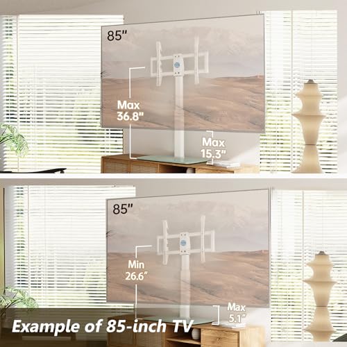 Image of FITUEYES Universal TV Stand, Swivel TV Table Stand for 43 50-65 70 75 80 85Inch Flat Screen, Table Top TV Stand Base Replacement, Height Adjustable TV Mount Stand, Glass Base, Max Holds 110lbs