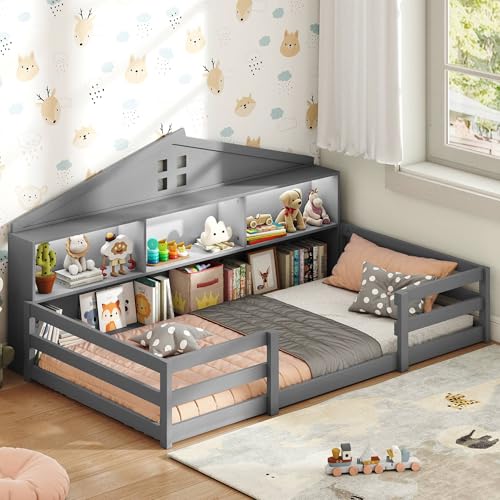 KOMFOTT Twin Floor Bed with Bookcase & LED Light, Wood