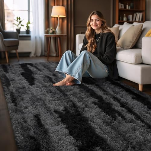 HOMORE 4x6 Area Rug for Bedroom, Black and Grey Fluffy Shaggy Rugs for Living Room, Gradient Abstract Rugs for Kids Boys Girls Room, Plush Rug for Dorm Home Floor Decor