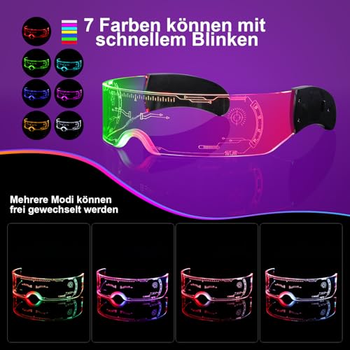 Kangtaixin Cyberpunk LED Brille – Leuchtende Partybrille mit 7 Farben & 4 Modi, Neon-Brille für Rave, Karneval, Halloween, Bar & Musikfestival – Coole LED-Brille für Festivals & Events