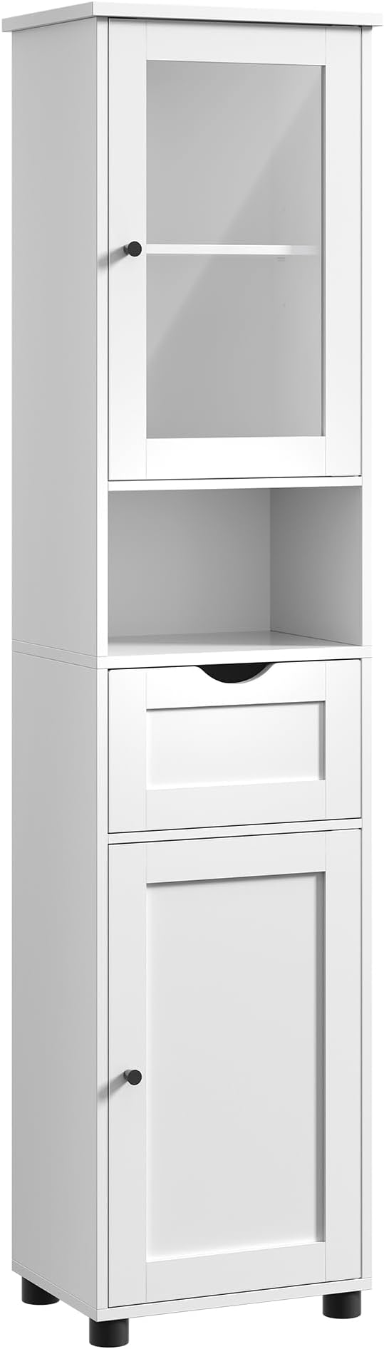Tall Bathroom Cabinet Free Standing, Slim Bathroom Storage Cupboard, with Open Shelf, Glass Door, Water-Resistant Feet, Height Adjustable Shelves, Space-Saving, Cloud White BBK163W01