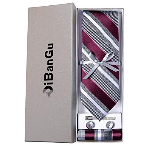 Dibangu Formal Grey And Burgundy Stripe Necktie Pocket Square Silver Tie Clip Cufflink Set For Men #TOP1