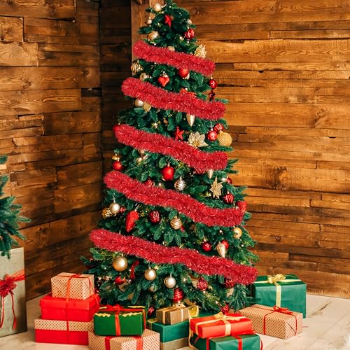 Image of 50 Ft Christmas Tinsel Garland Red Thick Tinsel Garland Xmas Tree Decorations Metallic Tinsel Twist Garland for Christmas, Birthday, Party Decor Indoor Outdoor Party Supplies
