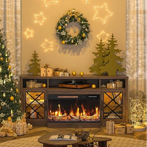 Image of BREEZEHEAT Fireplace TV Stand for TVs up to 75 inch, 3-Sided Electric Entertainment Center with 30 inch LED Fireplace, Media Console w /Storage Cabinet & Glass Doors, 65Inch, Walnut
