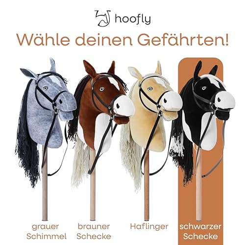 Hoofly® Hobby Horse Schwarz (Schecke) - Großes Steckenpferd für Kinder A3 mit Schraubstab/Horsing Hobby Horse Pferde Set mit Trense in 4 Farben/Steckenpferde Stockpferd mit Zubehör Hors