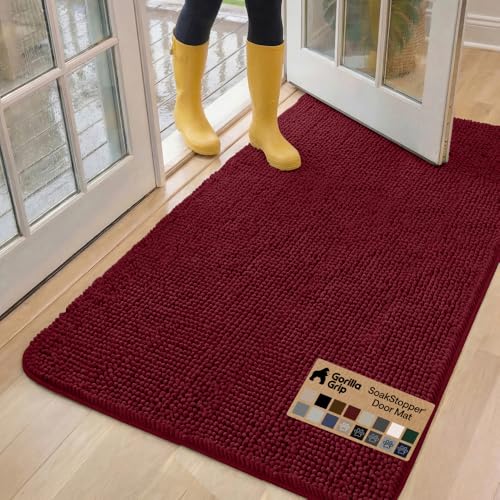 Image of GORILLA GRIP SoakSTOPPER Dog Door Mat, 60x36 Machine Washable Rug Absorbent Doormat Captures Moisture Mud Dirt, Quick Dry Soft Chenille Entryway Rugs Indoor Entrance Mats for Dog Paws, Burgundy