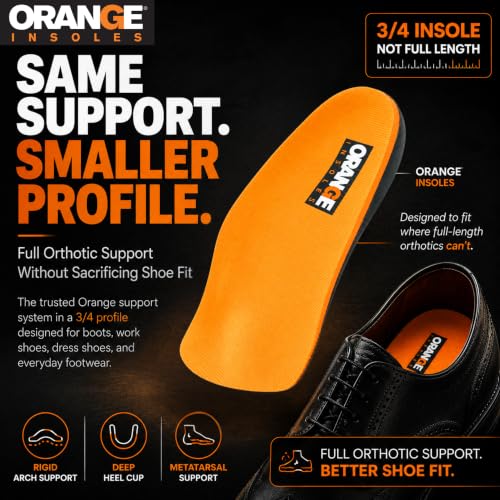 Image of Orange 3 /4 Orthotic Insoles A Men's 4.5-5.5, Women's 6-7 - Same Support as Orange Full Length Insoles for Plantar Fasciitis, Heel Pain & Arch Support