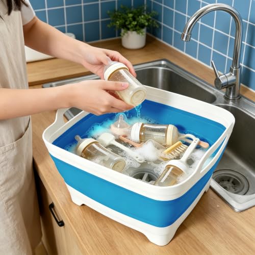 Image of FOSJGO Collapsible Dish Basin with Drain Plug, 2.4 Gal (9L) Space-Saving Foldable Sink, Wash Basin for Kitchen, Baby Bottles, Vegetable Washing, Camping, RV and Party Beverage Tubs (Sky Blue)