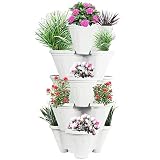 Pots4Nature 5 Tier Stacking Vertical Flowers Garden Vegetables Strawberries Herbs Plastic Planter Pots For Indoor/Outdoor, Terrace, Balcony, Patios And Backyards Gardening Tower - White - 37 Cm