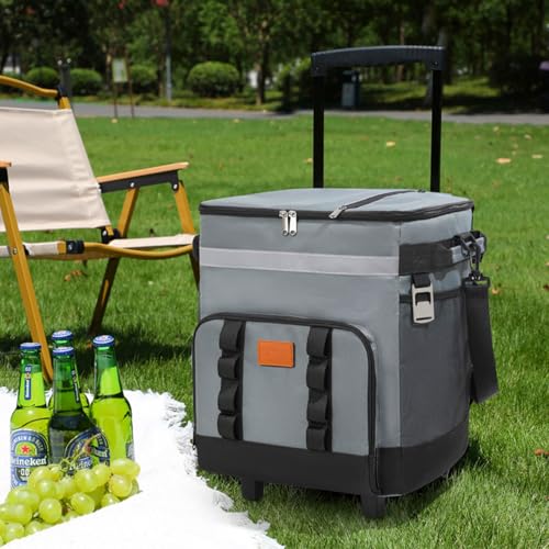 Cool Bag 35L Cooler Box on Wheels Large Insulated Cooler Bag with Stable All Terrain Cart & Handle Portable Wheeled Picnic Thermal Bag for Camping Beach Fishing Waterproof Reusable Lunch Bag