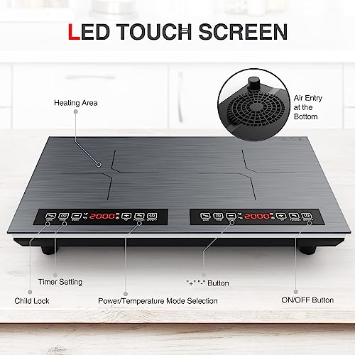 Image of Double Induction Cooktop 110v-120v, 2 Burner Electric Cooktop 24 inch 4000W Induction Stove Top, Hot Plate LED Touch Screen, 9 Temperature, Safety Lock