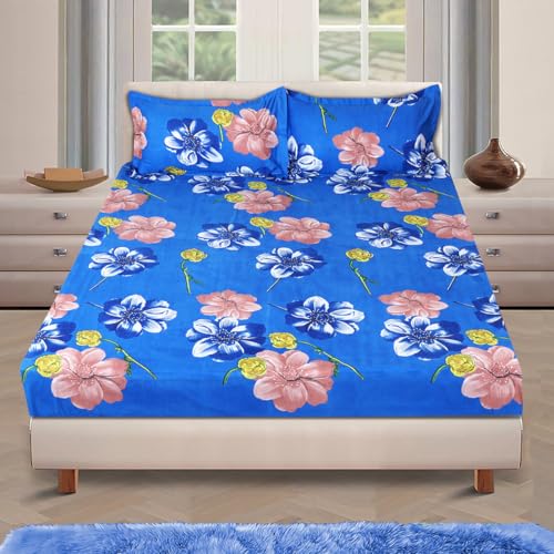 Image of ROMEE Elegant Floral Printed Glace Cotton Double Bedsheet, 144 TC Soft Feel, Queen Size (90 x 100 Inches), with 2 Pillow Covers, Blue