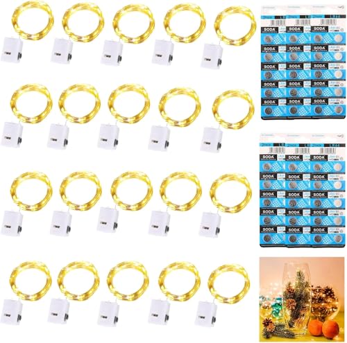 20 Pezzi Luci Stringa con 120 Batterie, 2M 20 LED 3 Modalità Lucine Led a Batteria Filo Di Rame, Catena Luminosa Impermeabile Decorative Natale per Esterni e Interni Feste Matrimonio(Bianco Caldo)