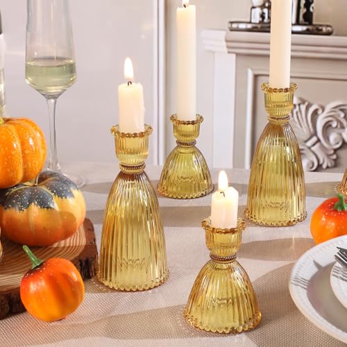 6 Pcs Amber Glass Candlestick Holders (3.5"/6", Assorted)- Tall Taper Candle Holders with Vintage Design, Candle Stick Holders in Bulk for Fall Party Decor, Amber Candle Holder for Tapered Candles by LAMORGIFT - Image 6