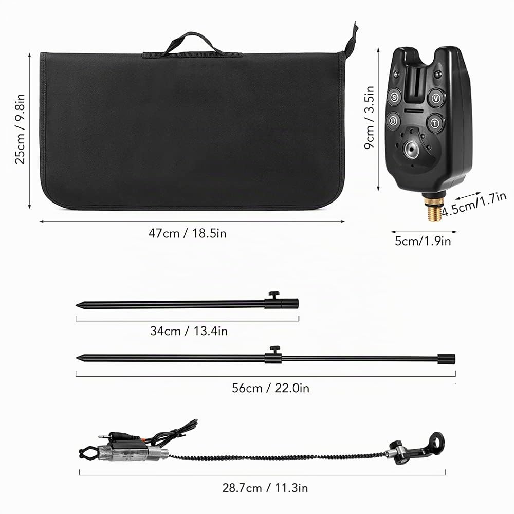 Angel-Bissanzeiger-Set, Angel-Bissanzeiger-Set, 3 kabellose LED-Alarmanlagen, verstellbare Angel-Banksticks, 3 Angelschwinger mit gepolsterter Fisch-Werkzeugtasche