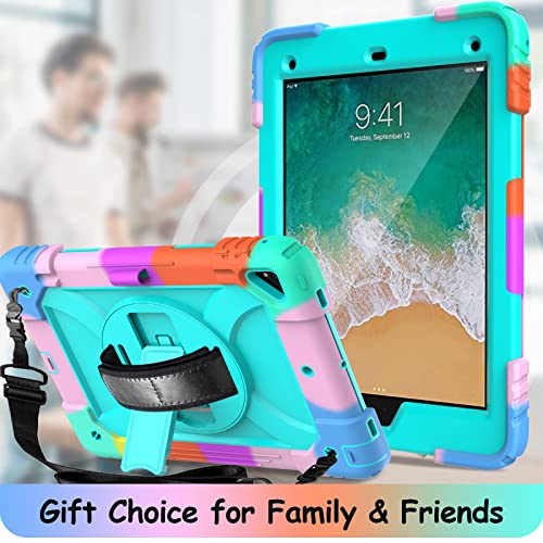 Ltrop Ipad 6Th/5Th Generation Case,Ipad Air 2 Case,Ipad 9.7 Case For Kids,Protective Ipad 9.7” Case[Shoulder Strap][Pencil Holder][Swivel Stand] Ipad 6/5 Gen(2018/2017)&Ipad Air 2/Pro 9.7, Aqua Teal #TOP7
