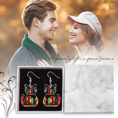 Bookcase Dangle Earrings for Women Teardrop Dangle Earrings with Book Shelves Patterned Acrylic Gifts for Women Girls (cat)3