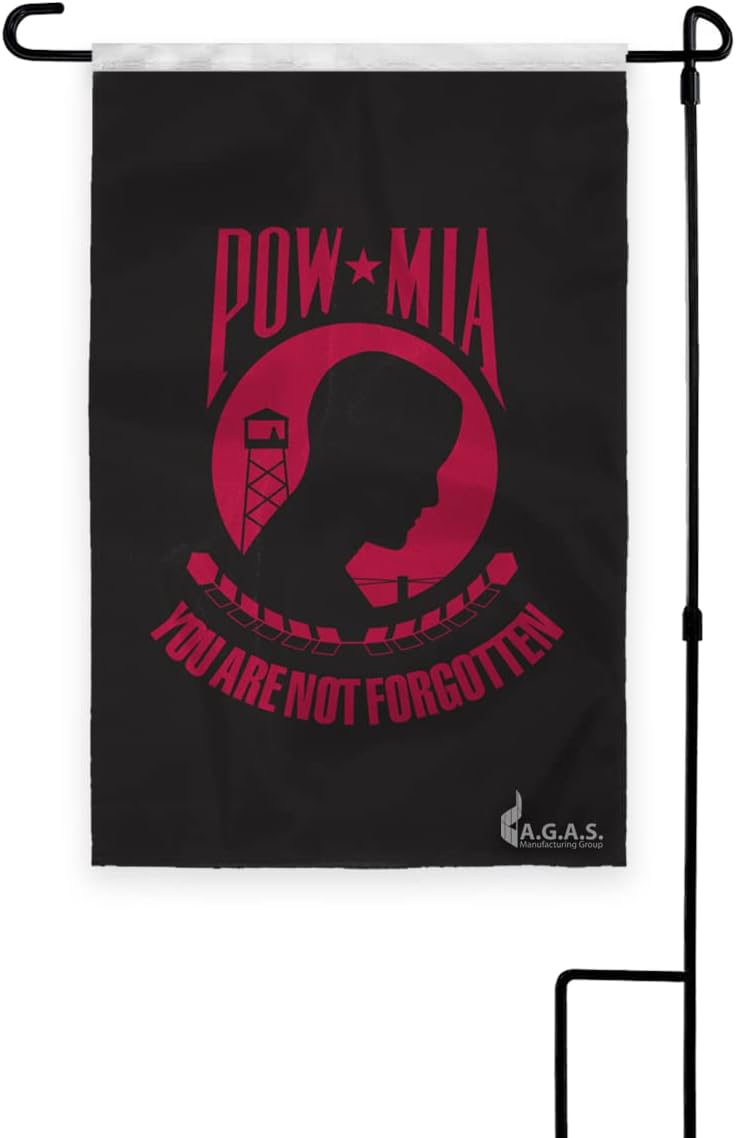 AGAS Pow Mia Wind Sock - 60 inch long - 100% Outdoor 200 Denier Nylon - Metal Hook for Hanging - You are not Forgotten Prisoner of War USA Military Patriotic Bunting - Fade Weather Resistant - Alternate Black and Red Tails.