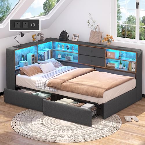 Twin Corner Bed Frame with Storage Bookcase and 4 Drawers, Upholstered Daybed Twin Size with Charging Station & LED Lights, L-Shape Twin Size Bed Frames Metal Platform Bed for Kids Teenagers, Oak Grey