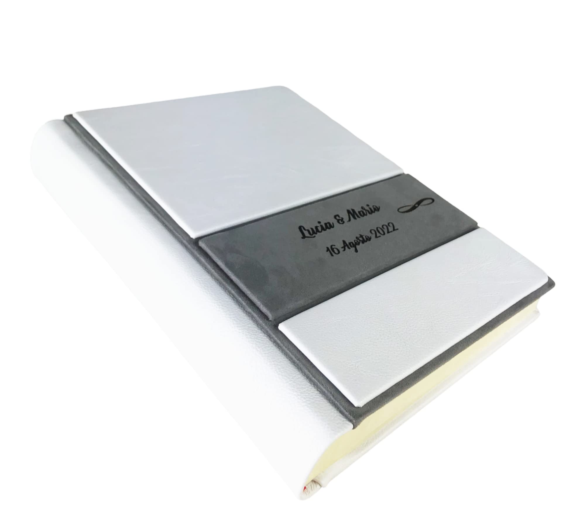 TriVin Art Album Fotografico Artigianale in Alcantara e Similpelle, Personalizzabile con Incisione. Ideale per Qualsiasi Evento. (Bianco/Grigio)