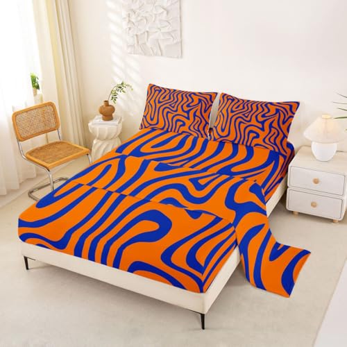 Erosebridal Striped Geometric King Bed Sheets Orange Blue Fashion Wavy