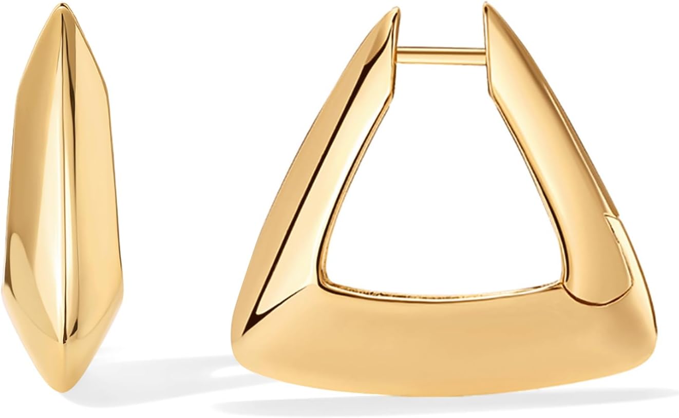 14K Gold Plated Hoops and Triangle Geo Design Earrings - Stylish and Trendy Hoop Jewelry for Women