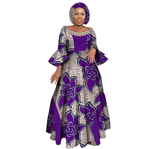 Image of iooiooi Womens African Print Party Maxi Dress Tradition Dashiki Ankara Long Dress & Headwrap