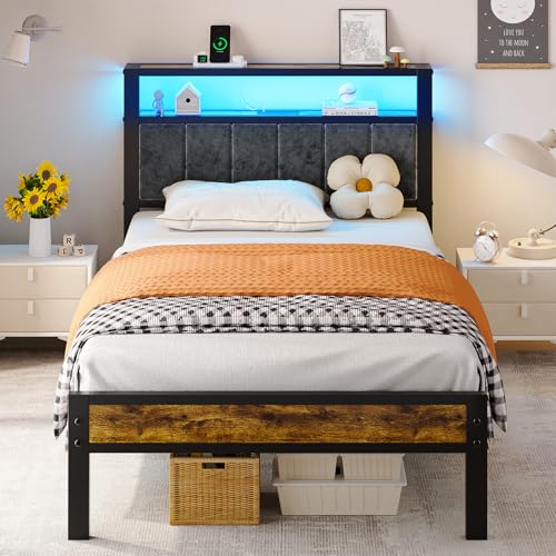 Image of Liians Twin Size Platform Bed Frame with LED Lights, Grey Upholstered Headboard with 2-Tier Storage Shelves, Charging Station, Noise Free, No Box Spring Needed, Easy Assemably