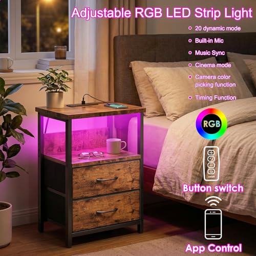 Image of Fixwal Night Stand with Charging Station, LED Nightstand with U-S-B Ports and Outlets, 2 Fabric Storage Drawers with PU Finish, Bedside Table, Rustic Brown